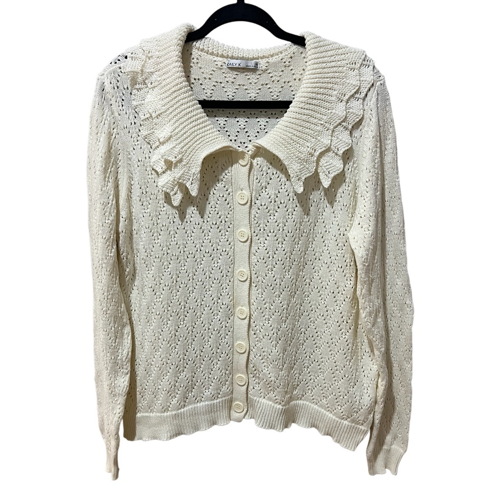 Kaily K  Cardigan Sweater Cottagecore Cotton Knit Cream SZ XL EUC